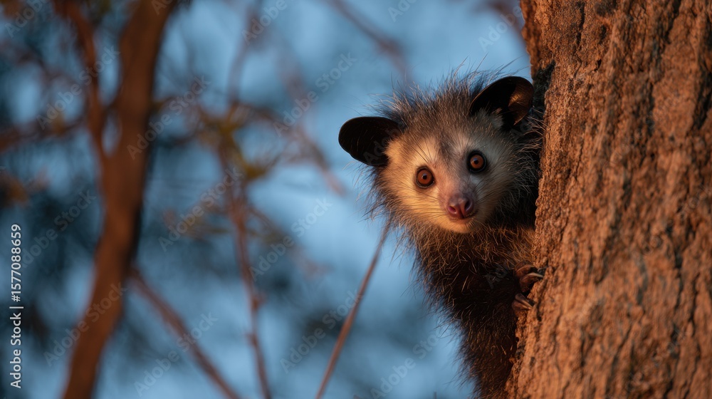 Poster aye-aye explores tree branches at dusk under a colorful sky with a soft focus background