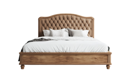 A luxurious wooden bedframe with an upholstered, tufted headboard and white bedding, styled with multiple pillows and a folded throw.
