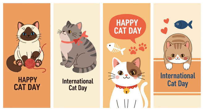 Charming Cat Day Illustrations Celebrate with Whimsical Feline Designs