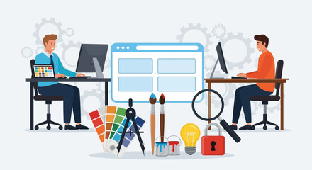 Creative team working collaboratively on a website design, brainstorming ideas and planning the user interface for an engaging digital experience.