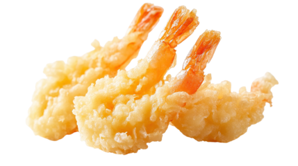 Three golden-brown tempura shrimp with crispy, textured batter are arranged in a row.