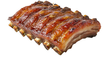 A juicy, glazed rack of cooked pork ribs with a caramelized surface and visible bones.