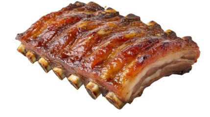 A juicy, glazed rack of cooked pork ribs with a caramelized surface and visible bones.
