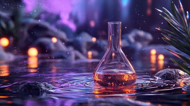 Clear Erlenmeyer Flask With Orange Liquid on Water With Purple Smoke and Glowing Orbs