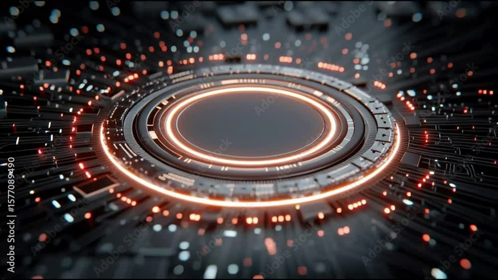 Poster futuristic processor core glowing with orange neon light in a high detail sci fi circuit board conce