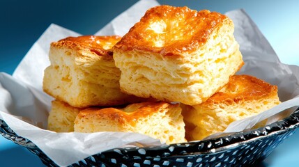 Close Up of Golden Brown Biscuits in a Metallic Basket