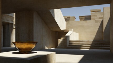 Interior courtyard with concrete steps and a bronze bowl.