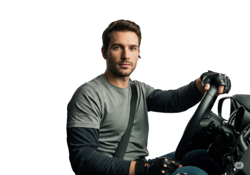 Confident Man Driving Car with Bluetooth Earpiece, isolated on png