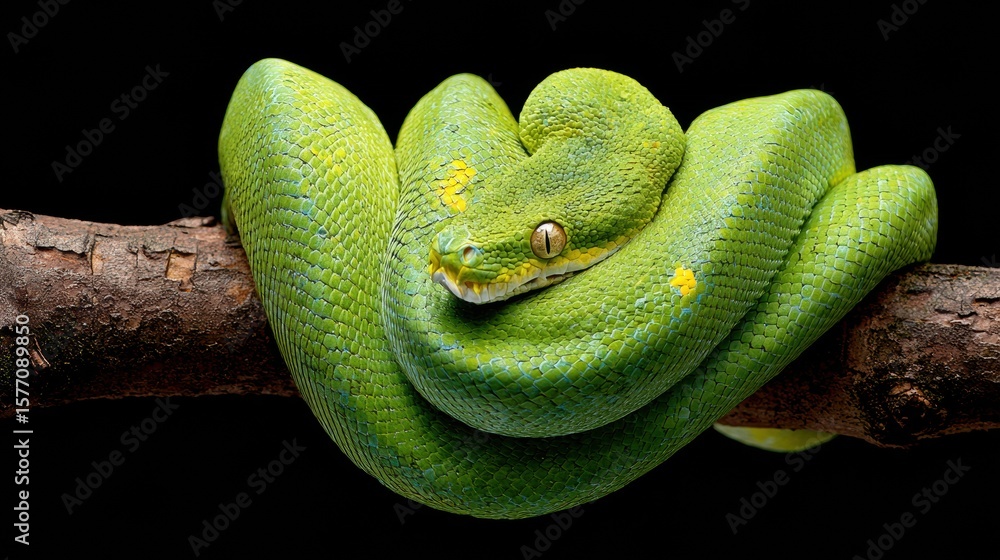 Poster bright green tree python resting on a branch with a dark background showcasing its vibrant colors an