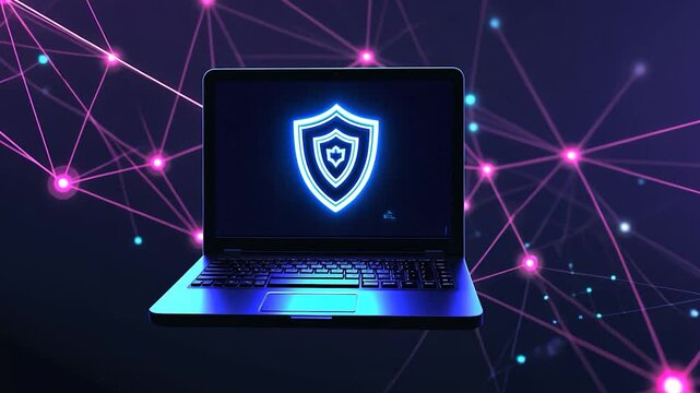 A futuristic laptop displaying a shield symbol, representing cybersecurity and protection.