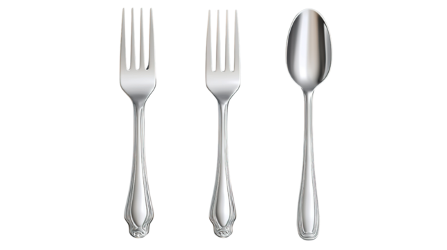 Two silver forks and one silver spoon with ornate handles are displayed upright, showcasing their polished and reflective surfaces.