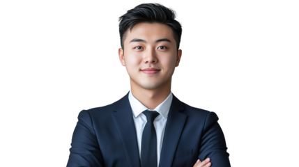 A confident young man in a dark suit and tie stands with arms crossed, smiling slightly.