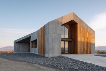 Two-tone barn house with concrete wood fa??A section ade cinematic late-afternoon light highlighting material contrast volumetric shadows across crushed rock