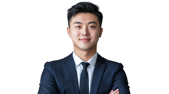A confident young man in a dark suit and tie stands with arms crossed, smiling slightly.