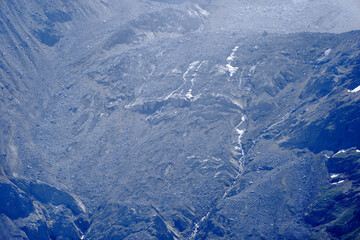Close-up of rock with gravel and glacier at mountain named Kleines Nesthorn seen from Lauchernalp on a sunny late spring day. Photo taken June 19th, 2025, Lötschental Lauchernalp, Switzerland.