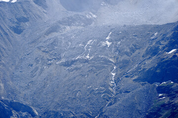 Close-up of rock with gravel and glacier at mountain named Kleines Nesthorn seen from Lauchernalp...