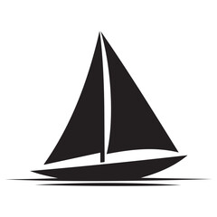 Simple black silhouette of a sailboat with full sails gliding across the water surface on a white background