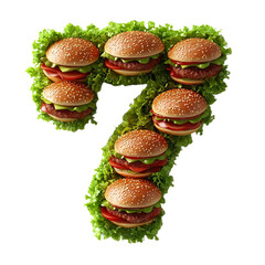 Top view of a 3D number 7 made of Hamburgers isolated on a white background, well lit, sharp focus. --sref httpss.mj.run0ZBOOqaqi8I --stylize 300 --v 6.1.png