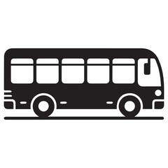 A simple black silhouette of a passenger bus with multiple windows and wheels on a white background