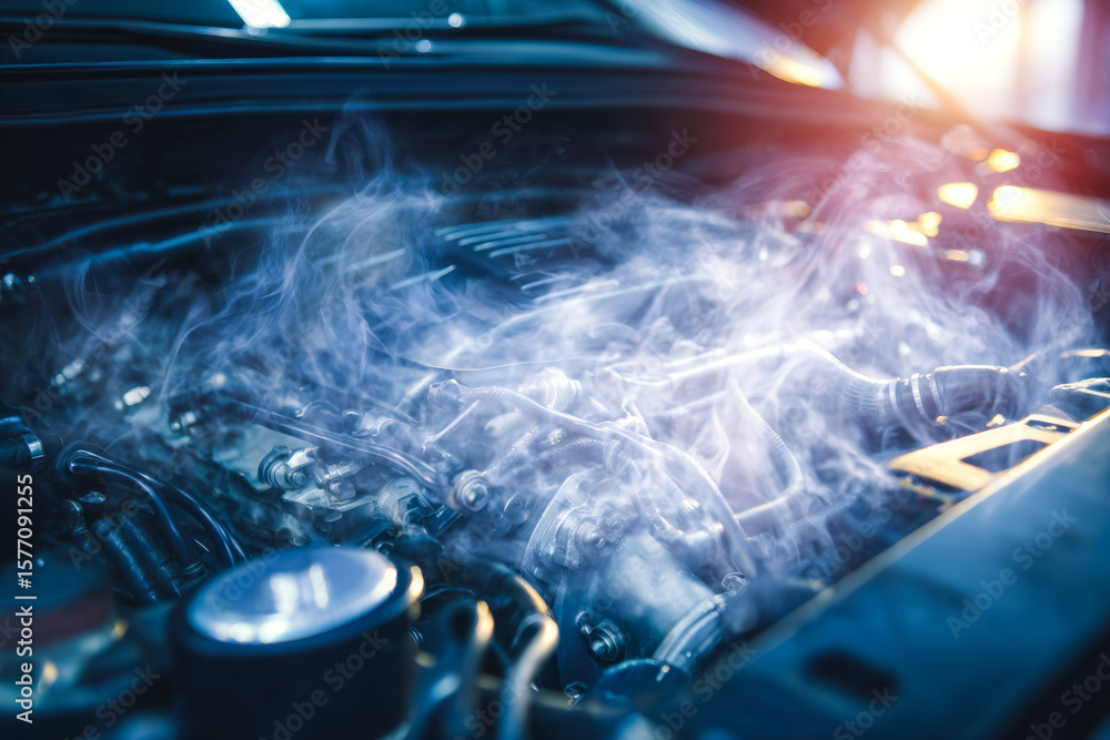Poster close-up of a car engine with visible steam or vapor emanating from it, highlighting mechanical deta