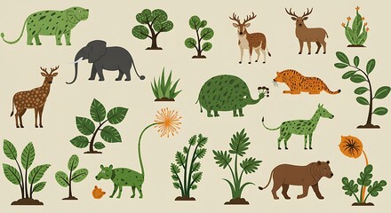 A vibrant and illustrative collection of various stylized animals including a leopard, elephant, deer, tiger, dog, and lion, interspersed with different types of green plants and trees.