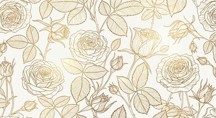 Obraz premium Elegant Floral Pattern Golden Roses and Leaves on a Cream Background, Ideal for Luxury Designs and Festive Decorations