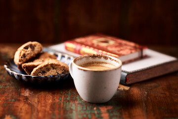 Cup of coffee on wooden background. Soft focus. Copy space	