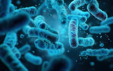 Microscopic view showcases vibrant blue bacteria cells in close proximity