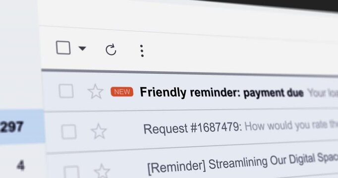 Incoming email with title "Friendly reminder, Payment due date", new e-mail with Loan due date notification, payment delay message, webmail interface close up footage