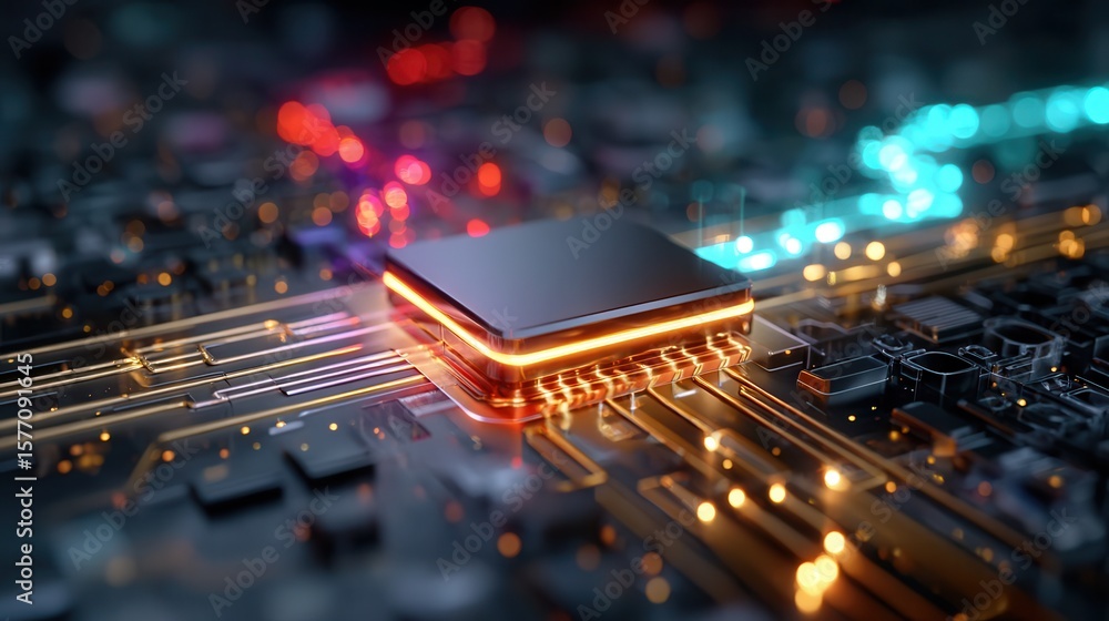 Poster dazzling 3d rendering showcases a microchip with pulsating, luminescent electron pathways
