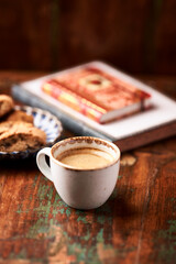 Cup of coffee on wooden background. Soft focus. Copy space	