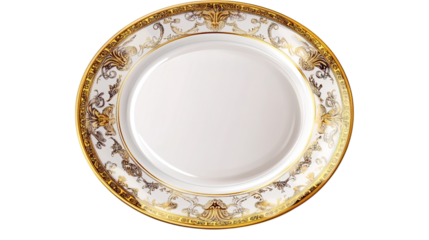 A decorative porcelain plate with an intricate gold and black floral pattern around the rim, showcasing an elegant and classic design.