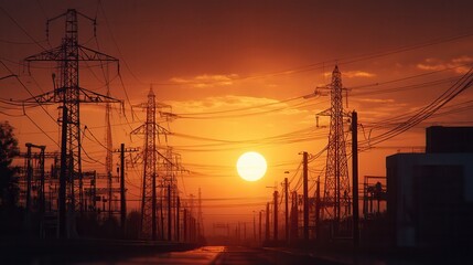 Electricity grid and substations at dusk, energy storage offers sustainable impact models