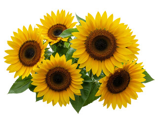 Five bright yellow sunflowers with green leaves isolated on transparent background © Creative Vector