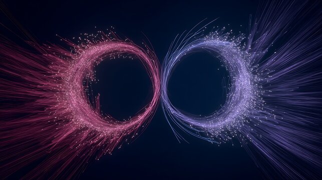 Symmetrical abstract composition featuring blue and red energy waves forming two colliding circles with glowing lines, laser lights