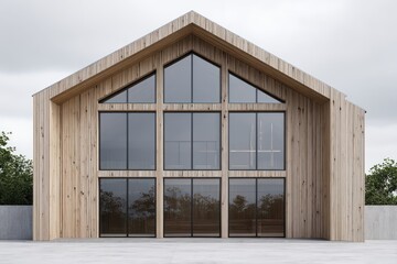 Vertical timber barn home with large window grid cloudy daylight producing soft overall light neutral grading clean architectural