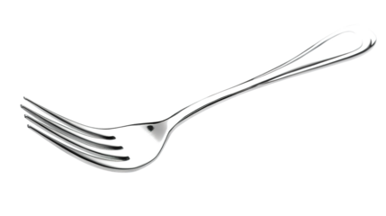 A polished, stainless steel dinner fork with four tines and a gently curved handle.