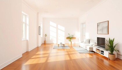 Fototapeta premium Minimalist white apartment, sunlit, hardwood floors, space, style