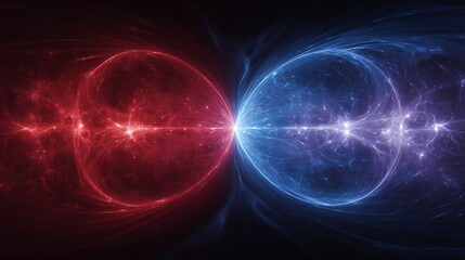 Fototapeta premium Symmetrical abstract composition featuring blue and red energy waves forming two colliding circles with glowing lines, laser lights