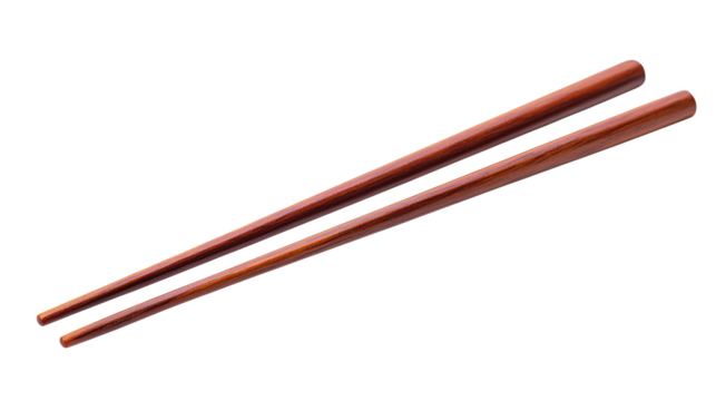 A pair of wooden chopsticks with a polished finish, tapered ends, and smooth texture designed for gripping food. - Powered by Adobe