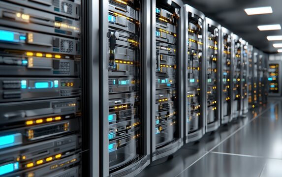 Server room at data center shows racks of computer hardware and cooling systems