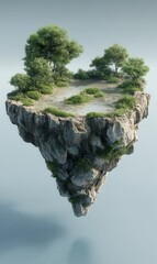 Floating island with trees and greenery hovering in a light blue sky environment
