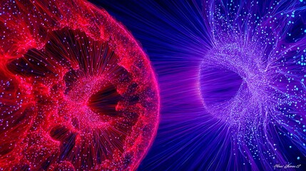 Symmetrical abstract composition featuring blue and red energy waves forming two colliding circles with glowing lines, laser lights