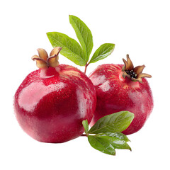 Vibrant pomegranates display with fresh green leaves against a dark background