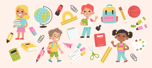 Back to school elements. Pupils and set of school supplies. Vector illustration in flat style