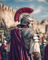 Obraz premium Roman centurion in detailed armor with red plume during historical reenactment