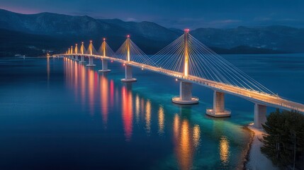 Obraz premium Peljesac bridge with lights reflecting on the water at dusk in Croatia