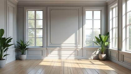 Serene living room interior with large window for natural light. White carpet, wooden floor, gray coffee table. Simple elegant design with white walls, wood floor, green plant. Tranquil atmosphere,