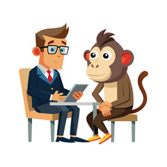 Curious Monkey in Career Counseling Session. Funny Vector Illustration for Education, Career Guidance, and Motivation Concepts. Perfect for Posters, Presentations, and Digital Media. © Goutam