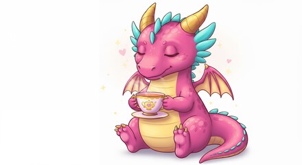 Naklejka premium Cute dragon drinking tea illustration